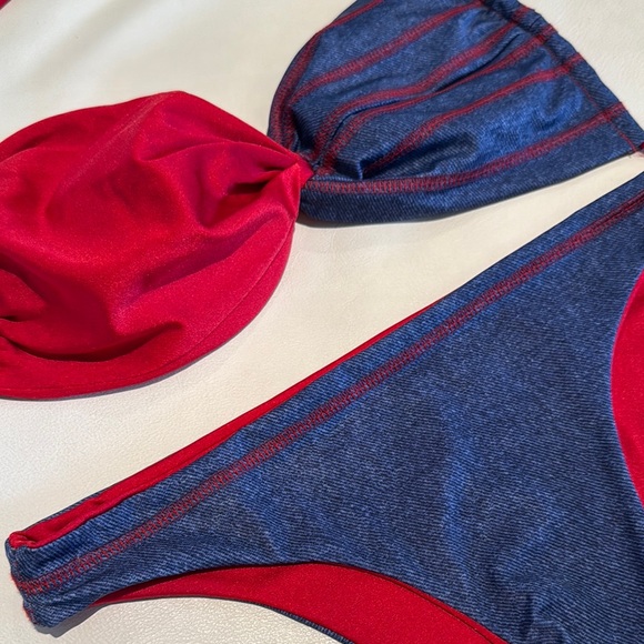 Women small Red and Blue Jean Denim feeling Bikini Set strapless or halter - Picture 2 of 8